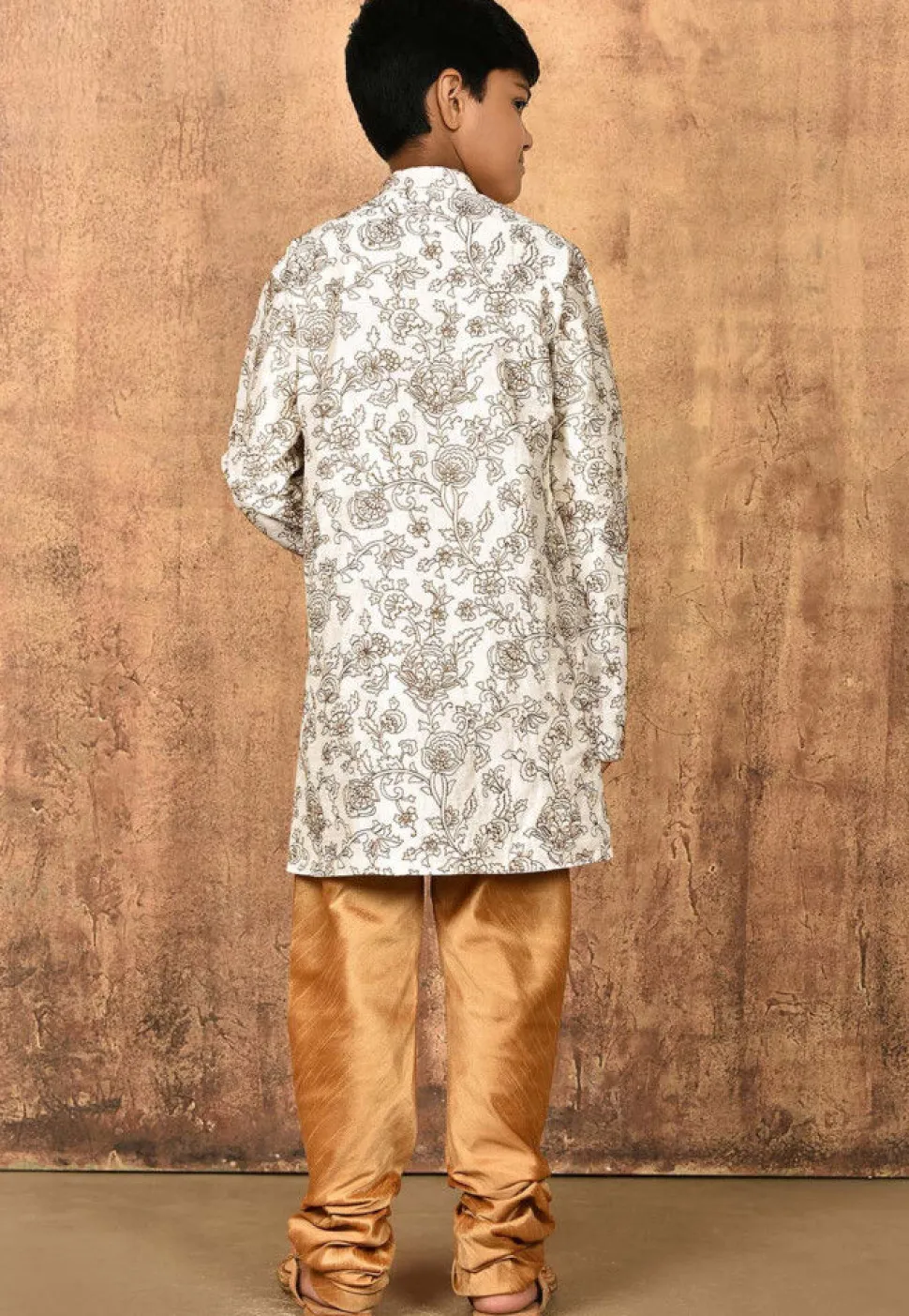 Embroidered Dupion Silk Sherwani Set in Cream