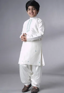 Embroidered Dupion Silk Sherwani Set in Off White