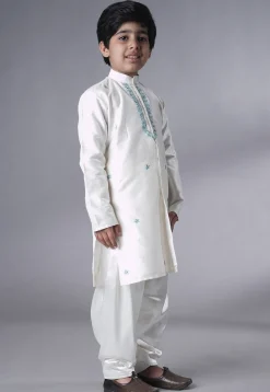 Embroidered Dupion Silk Sherwani Set in Off White