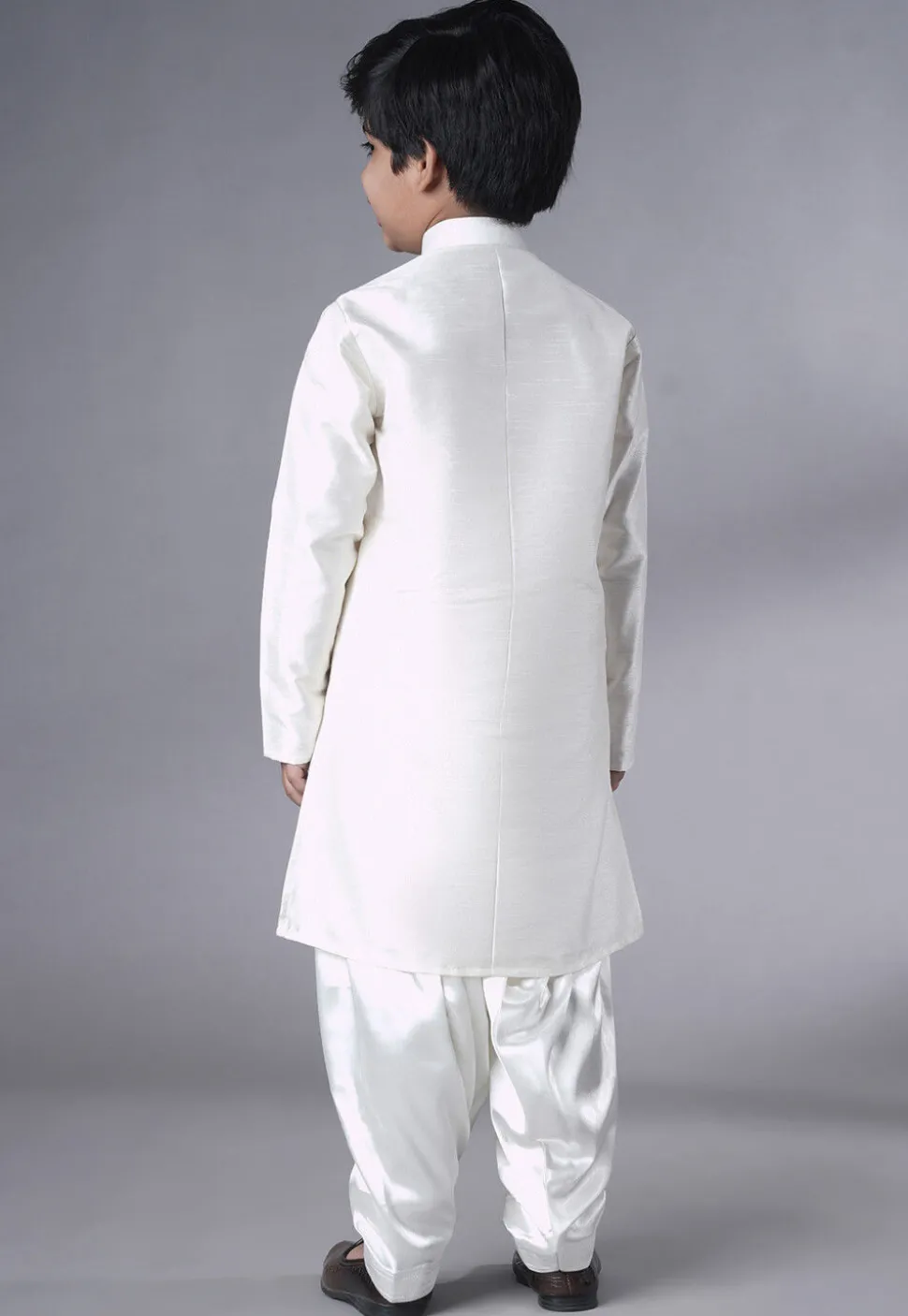 Embroidered Dupion Silk Sherwani Set in Off White