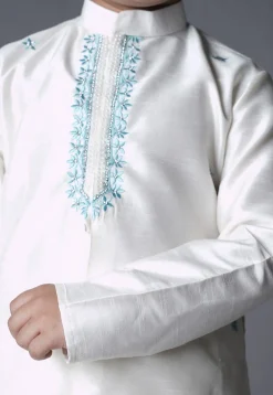 Embroidered Dupion Silk Sherwani Set in Off White