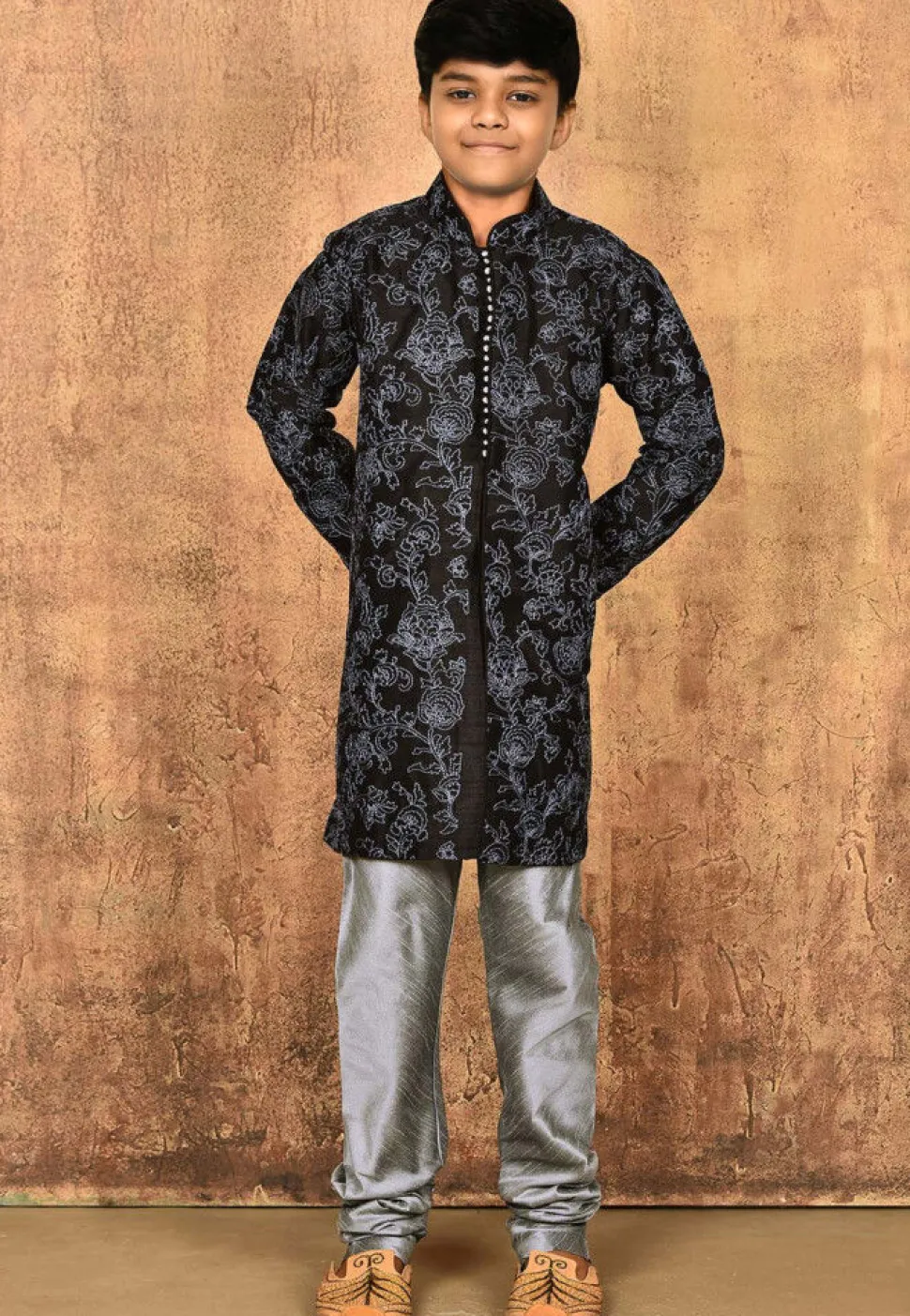 Embroidered Dupion Silk Sherwani Set in Black