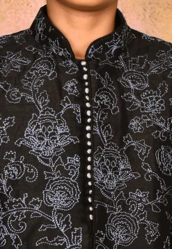 Embroidered Dupion Silk Sherwani Set in Black
