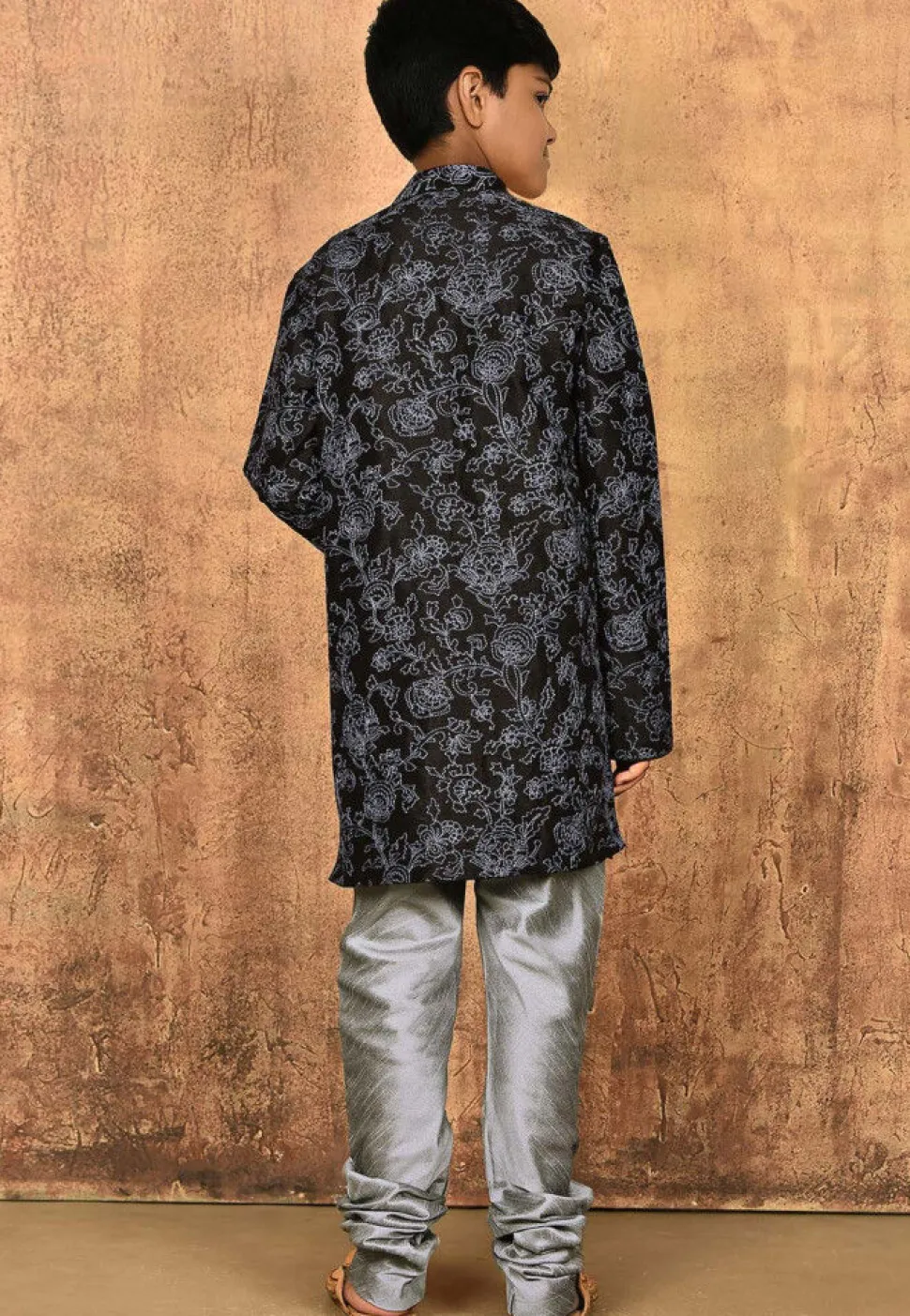 Embroidered Dupion Silk Sherwani Set in Black