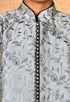 Embroidered Dupion Silk Sherwani Set in Grey