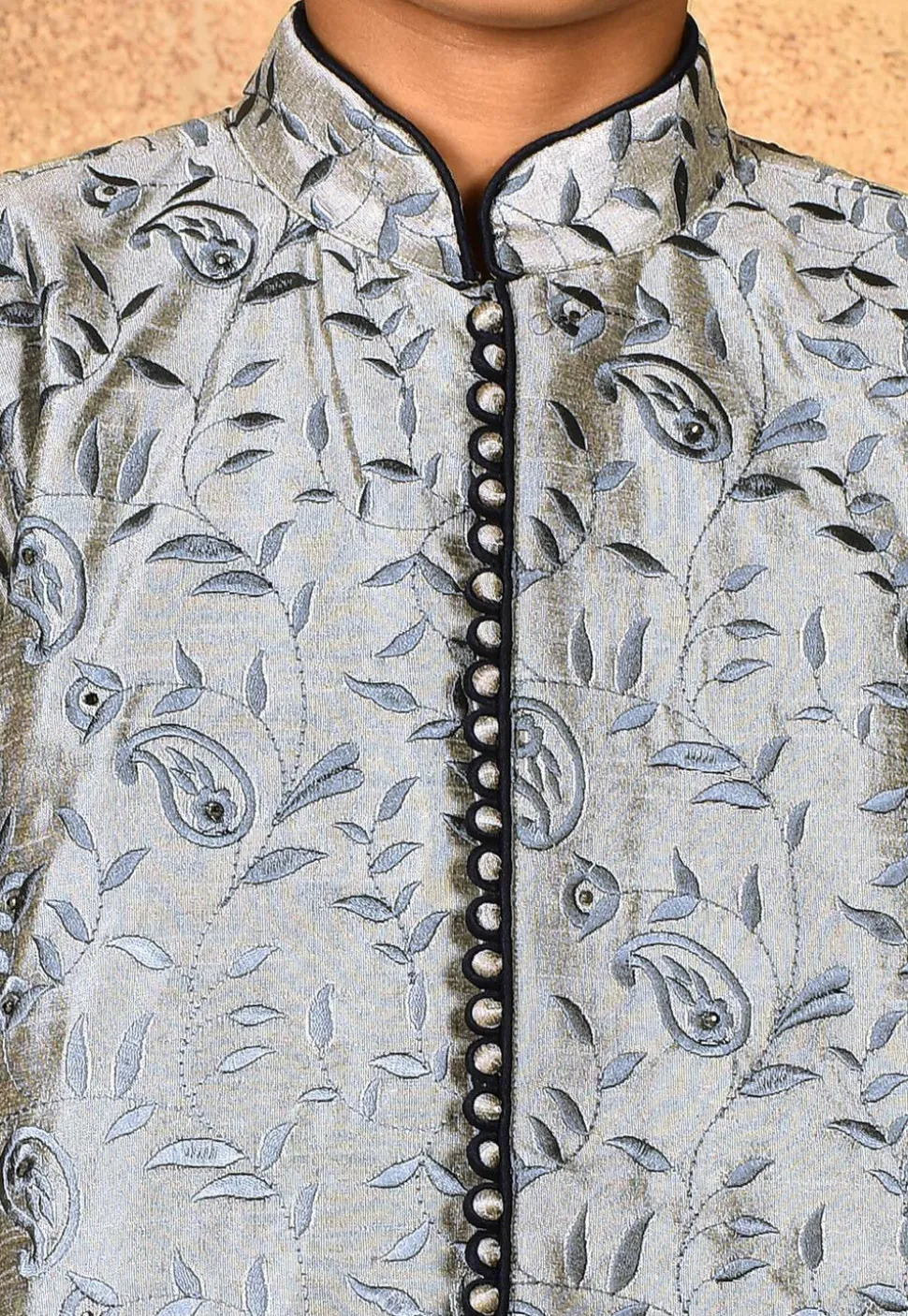 Embroidered Dupion Silk Sherwani Set in Grey