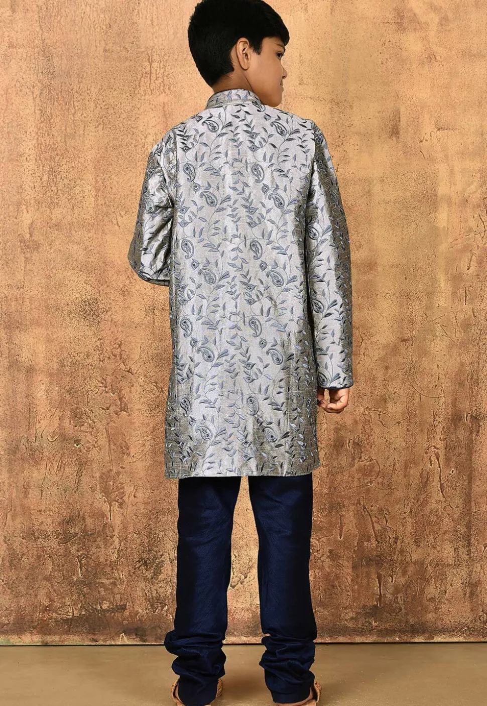 Embroidered Dupion Silk Sherwani Set in Grey