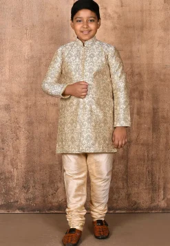 Embroidered Dupion Silk Sherwani Set in Light Beige