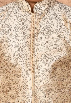 Embroidered Dupion Silk Sherwani Set in Light Beige