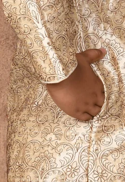 Embroidered Dupion Silk Sherwani Set in Light Beige