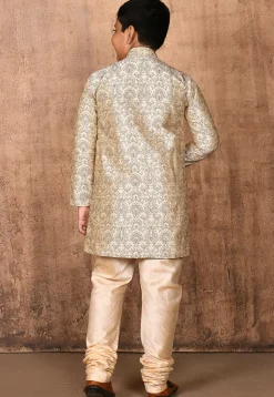 Embroidered Dupion Silk Sherwani Set in Light Beige