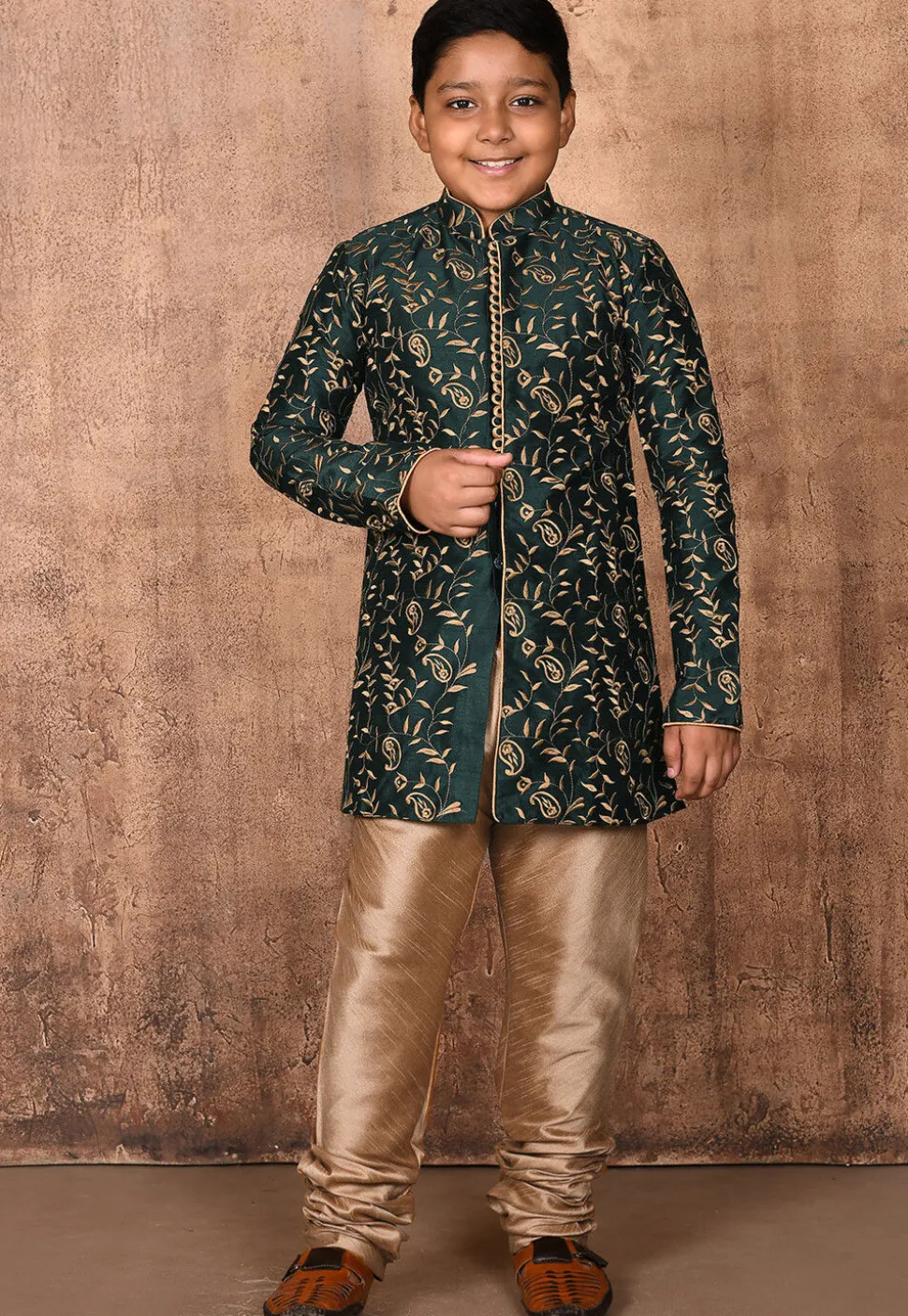 Embroidered Dupion Silk Sherwani in Dark Green