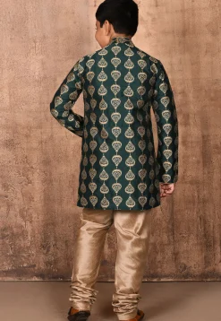 Embroidered Dupion Silk Sherwani in Dark Green