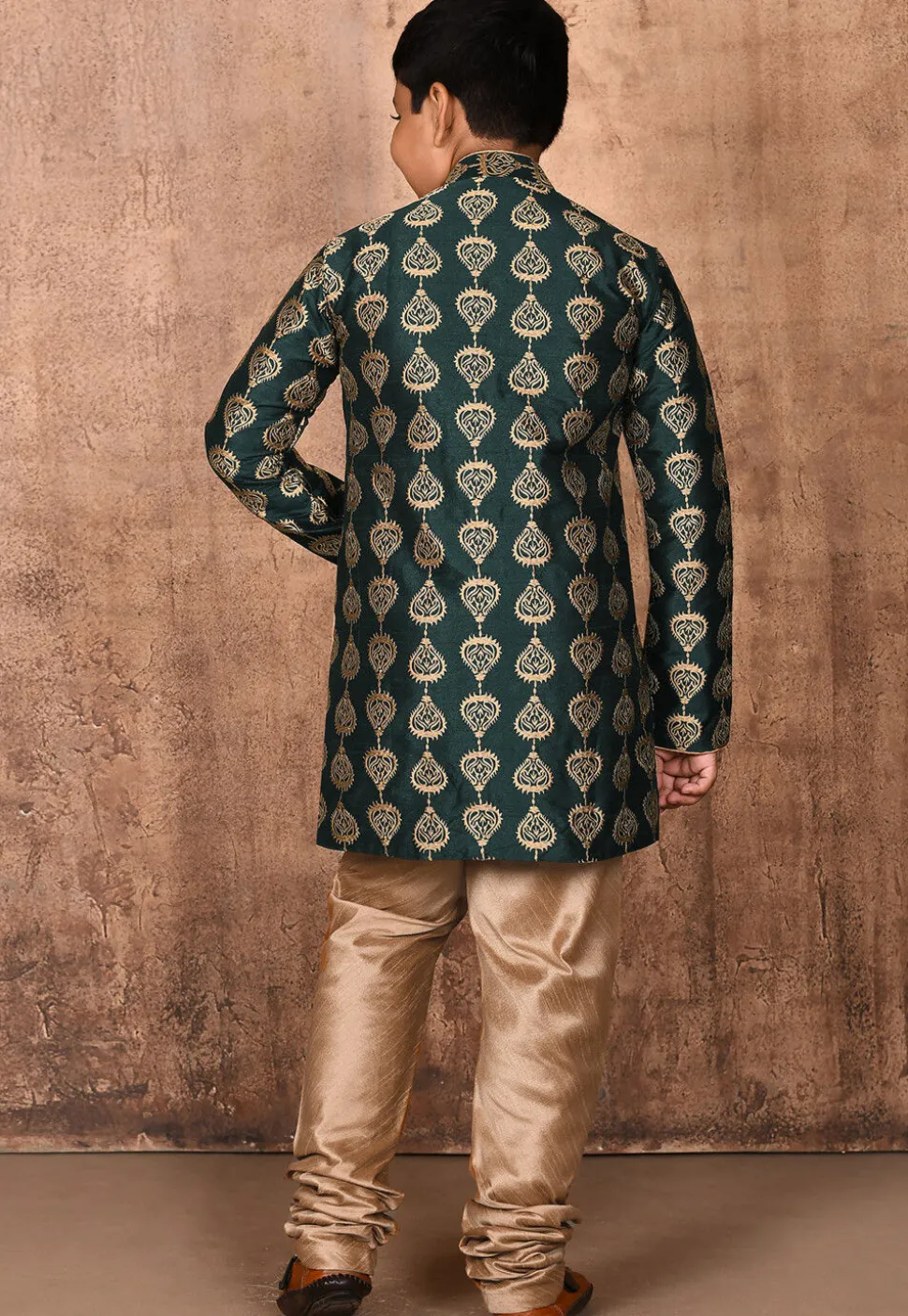 Embroidered Dupion Silk Sherwani in Dark Green