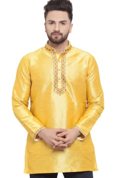 Embroidered Dupion Silk Short Kurta in Yellow