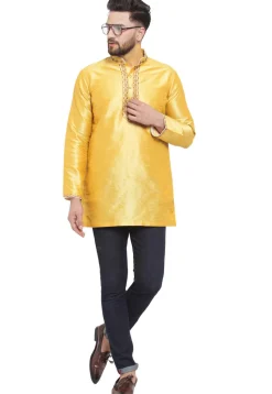 Embroidered Dupion Silk Short Kurta in Yellow