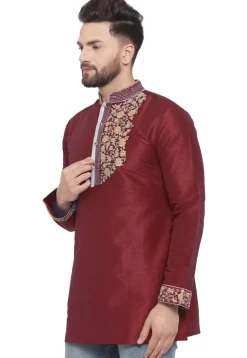 Embroidered Dupion Silk Short Kurta in Maroon