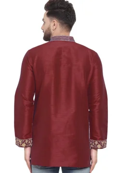 Embroidered Dupion Silk Short Kurta in Maroon