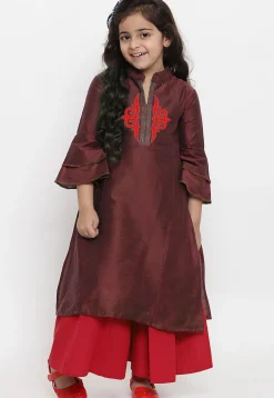 Embroidered Dupion Silk Straight Kurta Set in Maroon