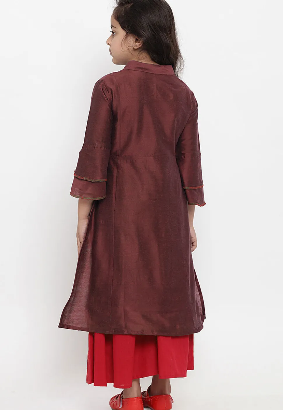 Embroidered Dupion Silk Straight Kurta Set in Maroon