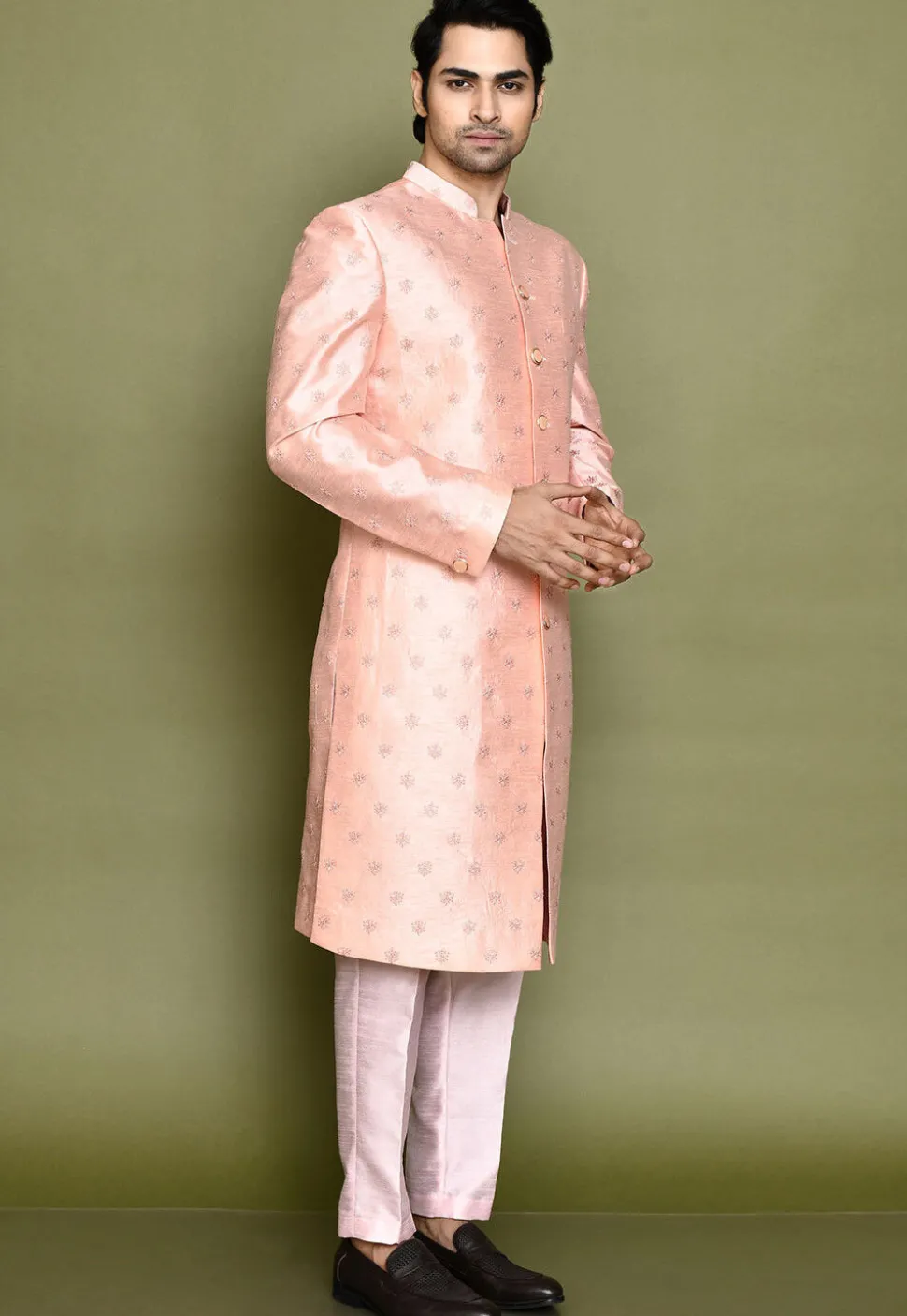 Embroidered Dupion Silk Sherwani in Peach
