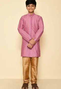 Embroidered Dupion Silk Sherwani Set in Dark Pink