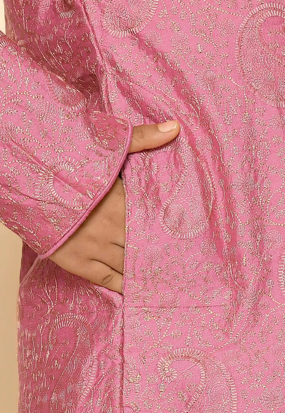 Embroidered Dupion Silk Sherwani Set in Dark Pink