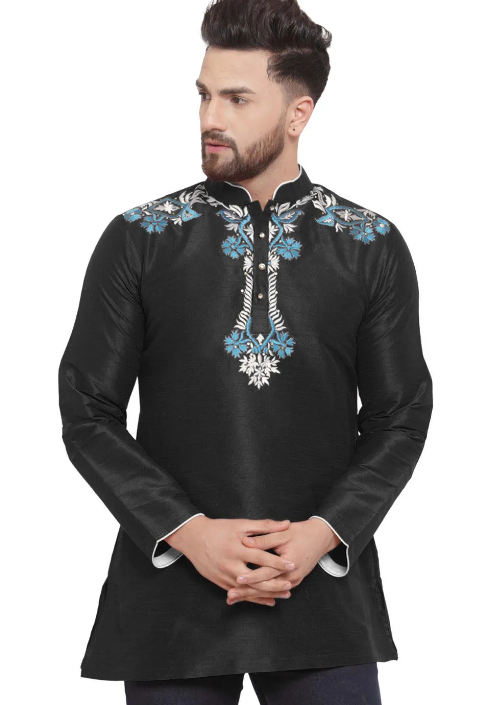 Embroidered Dupion Silk Short Kurta in Black