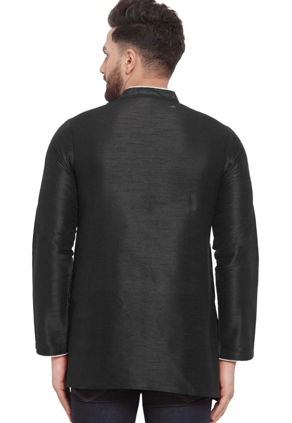 Embroidered Dupion Silk Short Kurta in Black