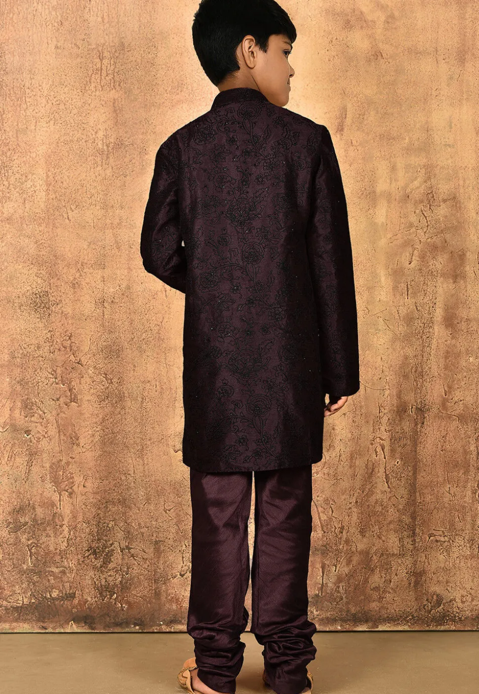 Embroidered Dupion Silk Sherwani in Wine
