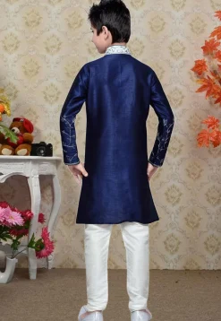 Embroidered Dupion Silk Sherwani in Navy Blue
