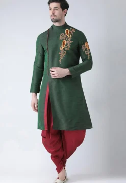 Embroidered Dupion Silk Side Slit Dhoti Kurta in Dark Green