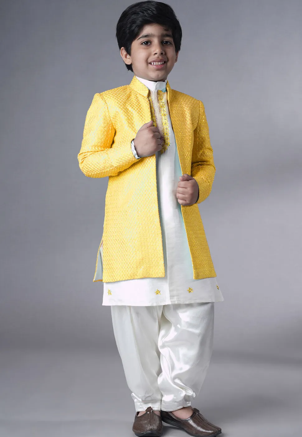 Embroidered Dupion Silk Sherwani Set in Off White and Yellow