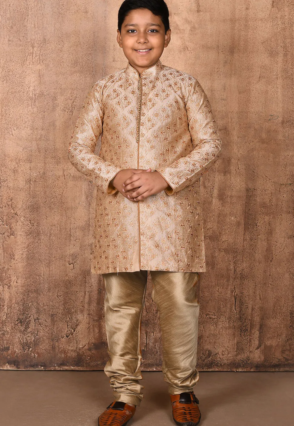 Embroidered Dupion Silk Sherwani in Beige