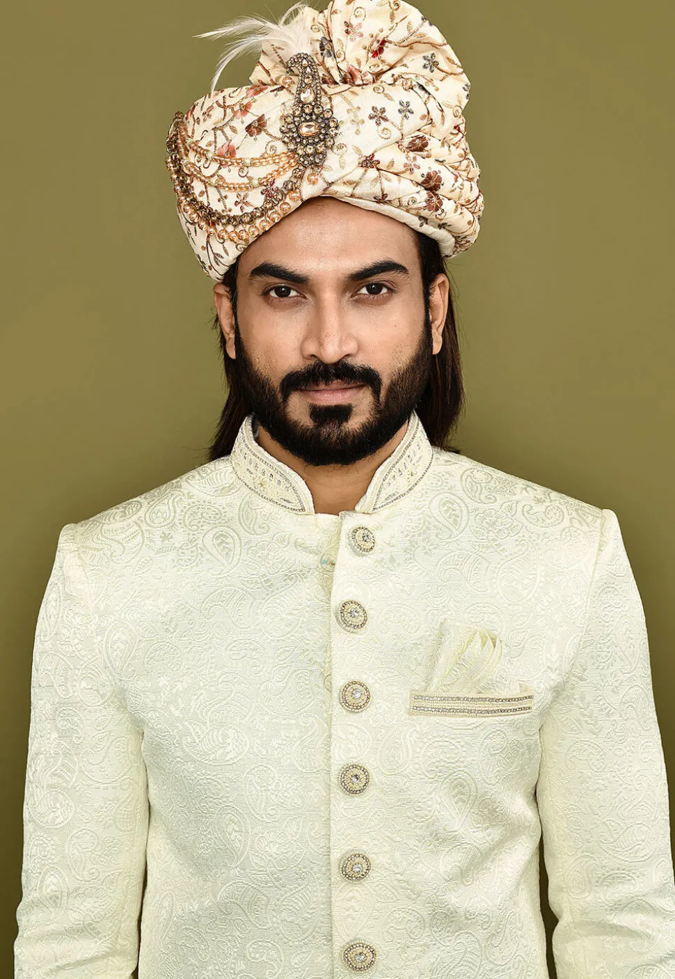 Embroidered Dupion Silk Turban in Beige