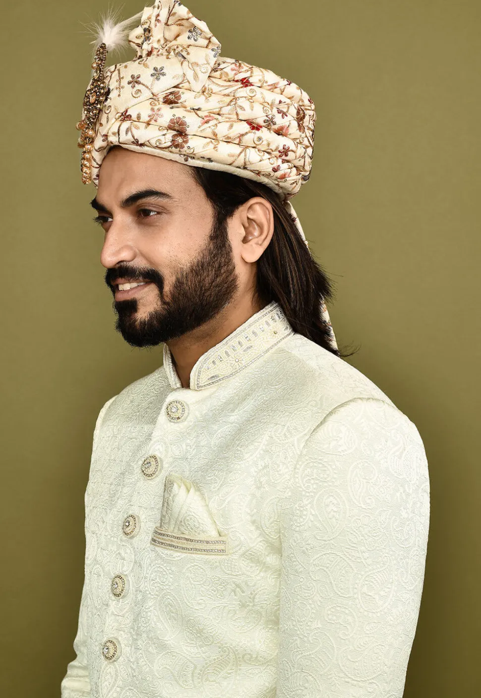 Embroidered Dupion Silk Turban in Beige