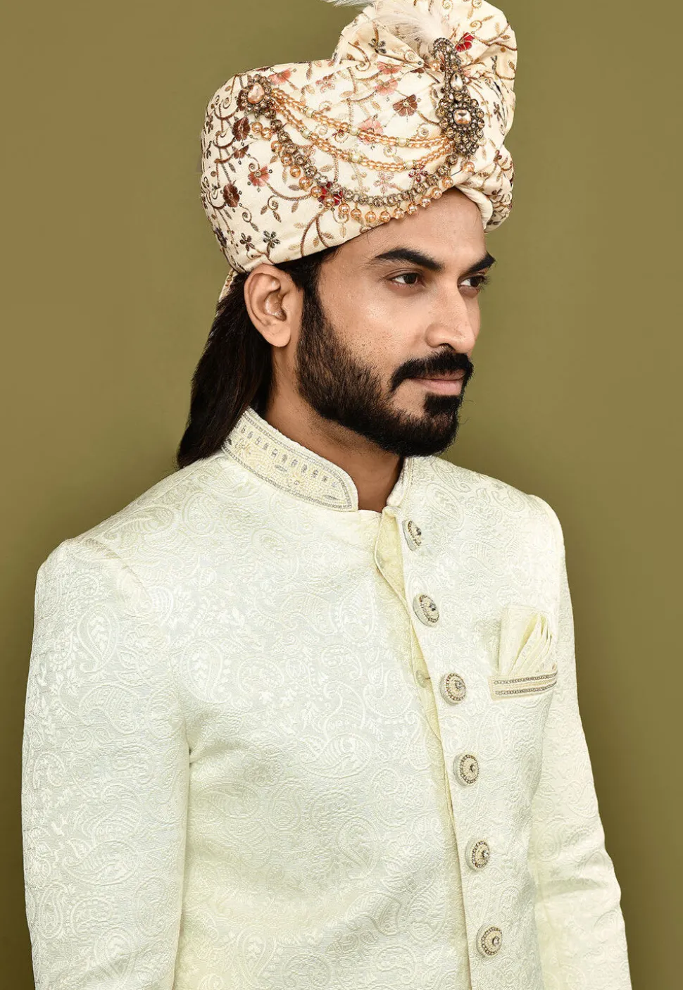 Embroidered Dupion Silk Turban in Beige