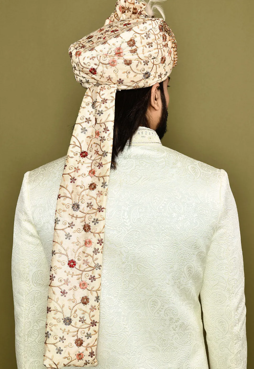 Embroidered Dupion Silk Turban in Beige