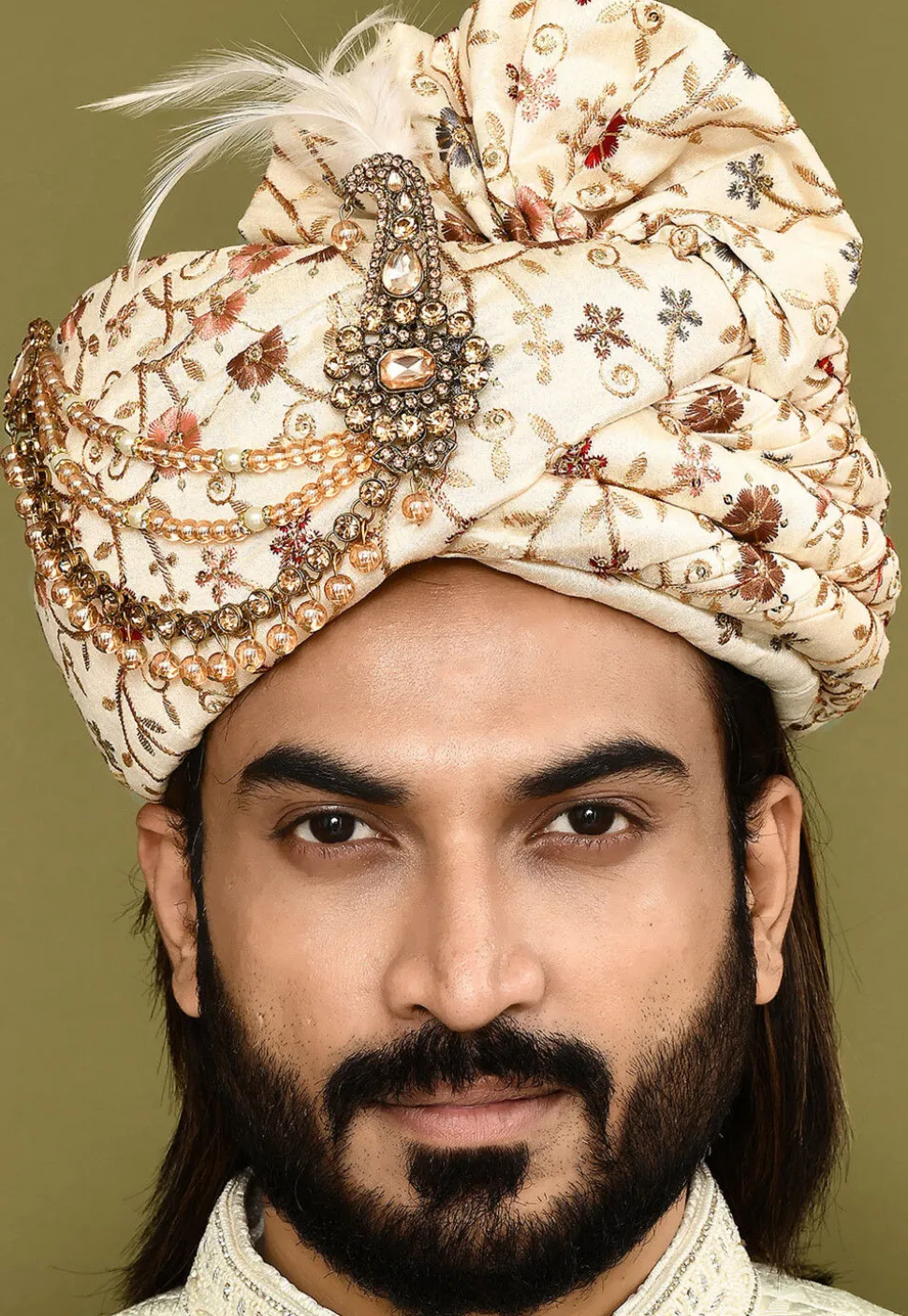 Embroidered Dupion Silk Turban in Beige