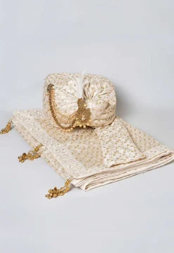 Embroidered Dupion Silk Turban in Off White