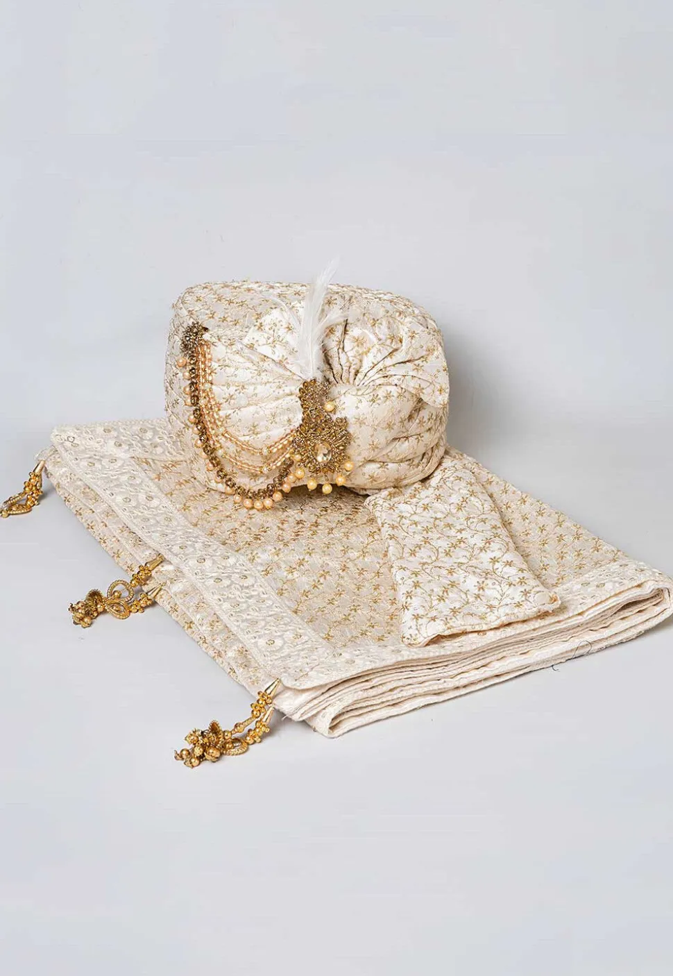 Embroidered Dupion Silk Turban in Off White