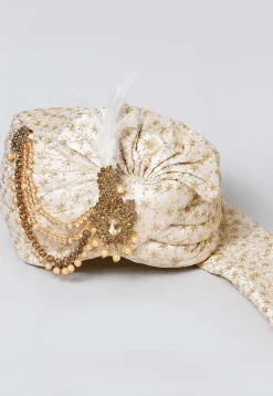 Embroidered Dupion Silk Turban in Off White
