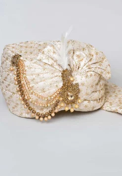 Embroidered Dupion Silk Turban in Off White