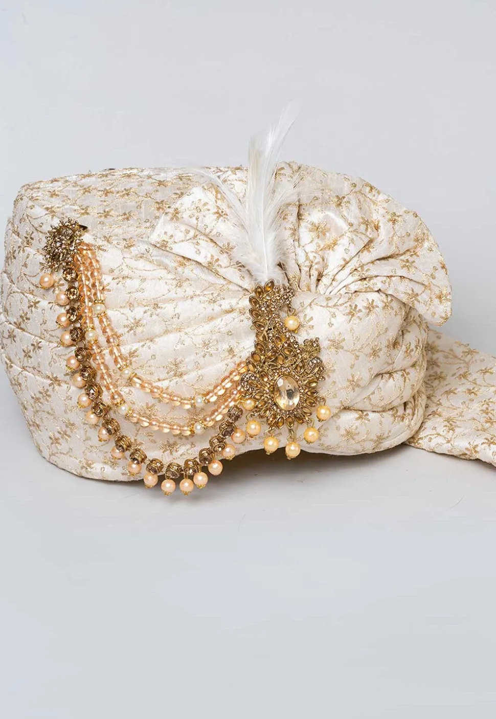 Embroidered Dupion Silk Turban in Off White