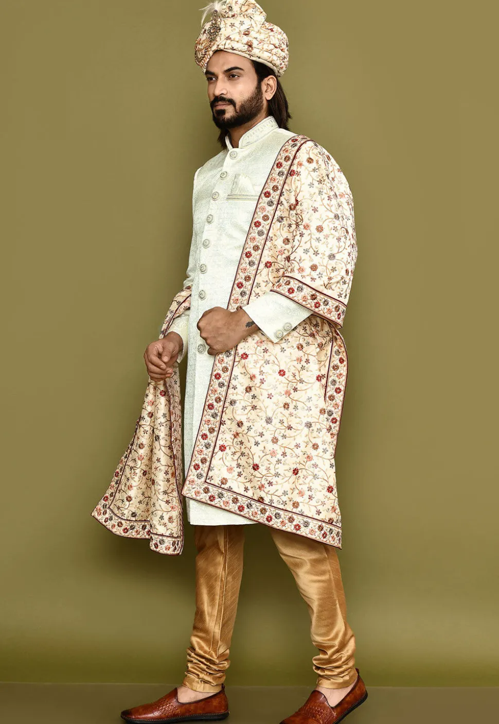 Embroidered Dupion Silk Turban Set in Beige