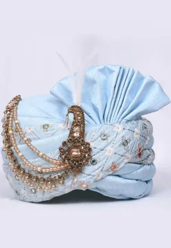 Embroidered Dupion Silk Turban in Sky Blue