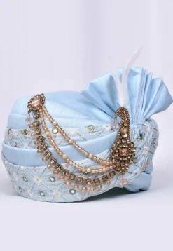 Embroidered Dupion Silk Turban in Sky Blue