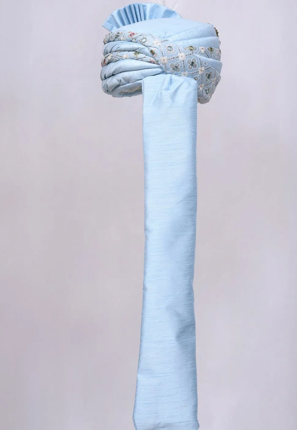 Embroidered Dupion Silk Turban in Sky Blue