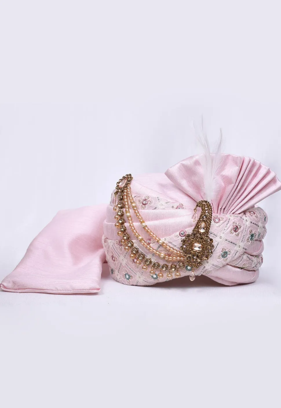 Embroidered Dupion Silk Turban in Pink