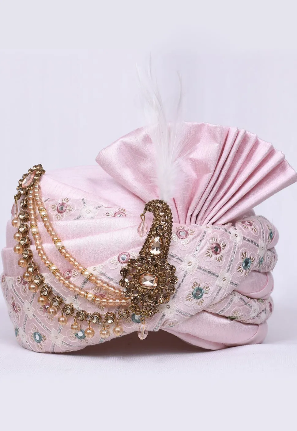 Embroidered Dupion Silk Turban in Pink